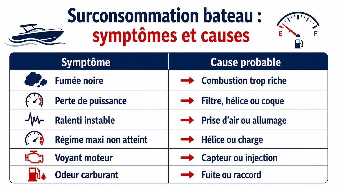 Infographie des symptômes associés à une surconsommation moteur bateau et des causes probables